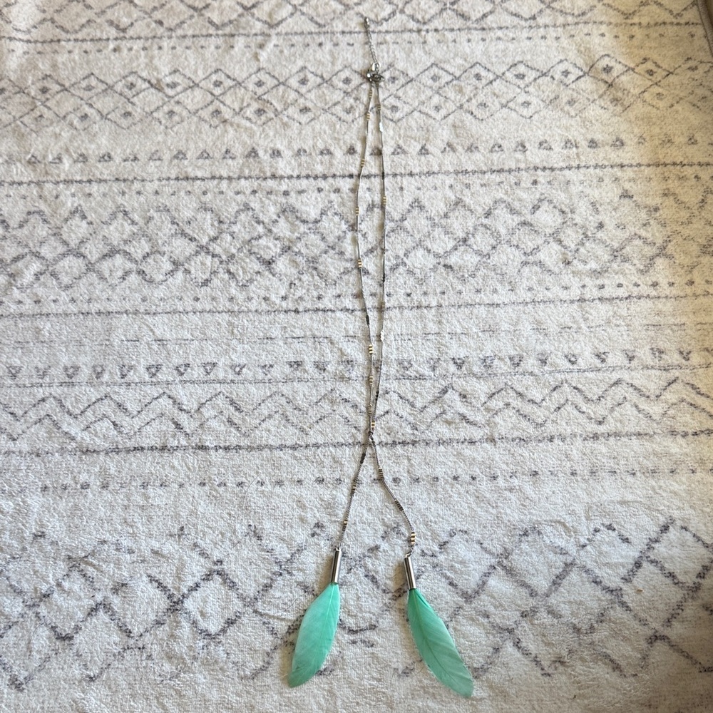 Silver Necklace with Green Feather Pendants